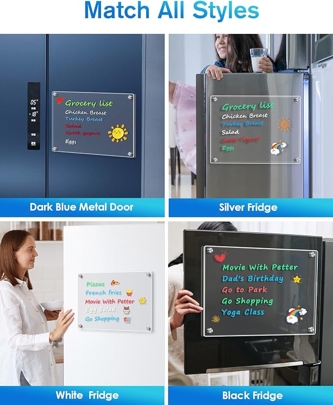 MaxGear 16"x12" Clear Acrylic Magnetic Whiteboard Fridge Dry Erase Board with 4 Markers and 1 Cloth, Reusable Kitchen Refrigerator Blank Memo Meal Planner to-Do List Grocery List Pad for Home Planner