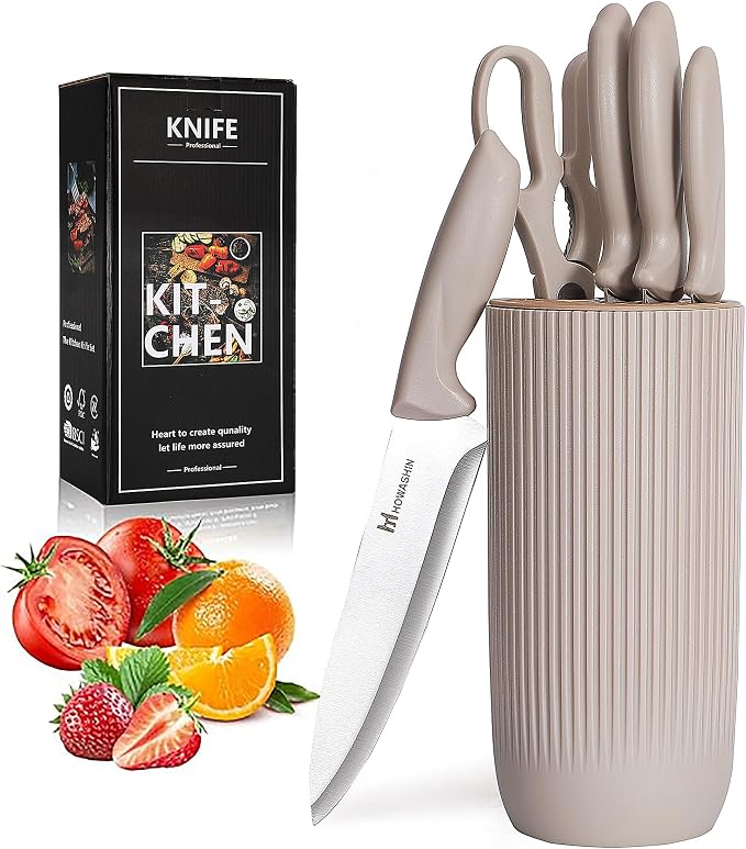 Knife Set, Howashin 6-Piece Khaki Professional Stainless Steel Knives for Kitchen with Universal Knife Block - Non-Stick Sharp Blade Chef Knife Set with Cylindrical Knife Block for Gift.