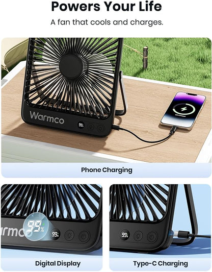 Warmco 20000mAh Battery Powered Fan, Ultra-Slim 8-Inch Portable Camping Fan with LED Lantern, Up to 48H Runtime Rechargeable Desk Fan for Bedroom, Outdoor, Tent, Travel, Cruise Ship Essentials