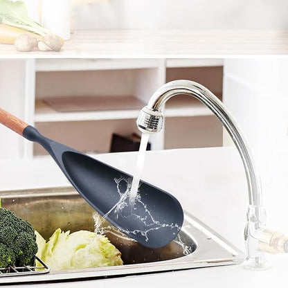 Cooking Spoon for Nonstick Cookwares, Multifunction Spatula Spoon, Great for Both Cooking and Serving, Durable BPA-Free Matte Black Silicone, Wood Handle Spoon, Safe for Nonstick Cooking Surfaces