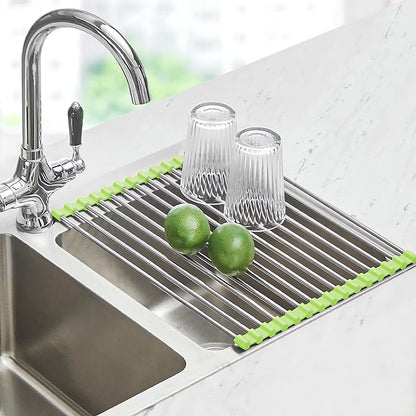 Seropy Roll Up Dish Drying Rack Over The Sink Drying Rack for Kitchen Counter, Rolling Dish Rack Over Sink Mat, Foldable Dish Drainer Stainless Steel Rack Kitchen Organization Green 17.5"x11.8"