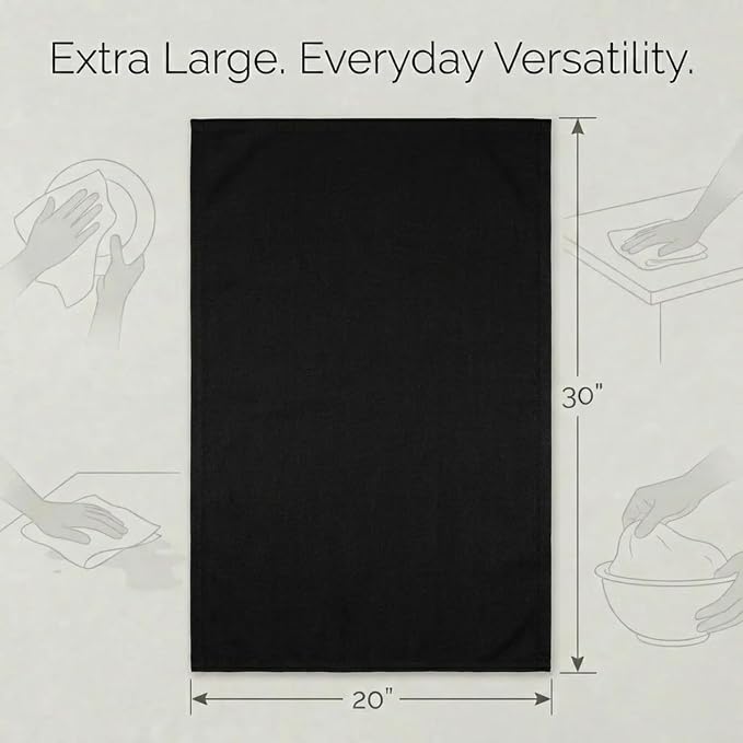 Urban Villa Kitchen Towels 100% Cotton Dish Towels for Kitchen(Set of 6) 20”x30” Dish Cloths Highly Absorbent Kitchen Linen Set with Hanging Loop Perfect for Drying Dishes Cleaning Hand Towels – Black