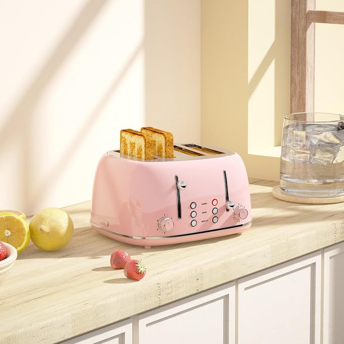 Toaster 4 Slice, Retro Stainless with 6 Bread Shade Settings,1.5''Wide Slots Toaster with Cancel/Defrost/Reheat Functions,Dual Independent Control Panel, Removal Crumb Tray (Pink)