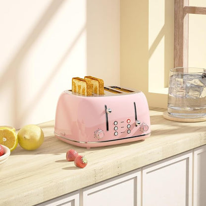 Toaster 4 Slice, Retro Stainless with 6 Bread Shade Settings,1.5''Wide Slots Toaster with Cancel/Defrost/Reheat Functions,Dual Independent Control Panel, Removal Crumb Tray (Pink)