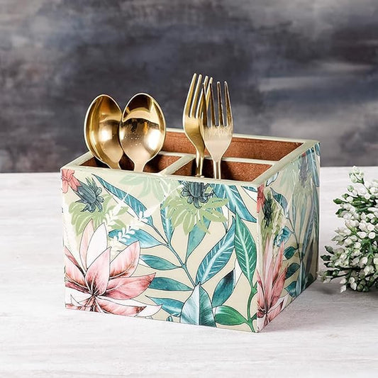 nestroots Silverware, Napkins & Spoon Holder, Acacia Wooden Utensil Caddy, Organizer Countertop, Cutlery Holder for Party, Fork, Knife Organizer (Green)