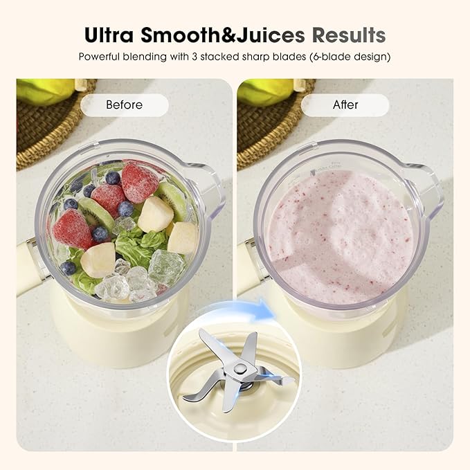 Blender for Smoothies and Shakes, Peak 350W Single Serve Mixer with Stainless Steel 6 Blades, 21oz Food-Grade Jar Quiet 70dB Smoothie Maker, Creamy White Compact Licuadora for Kitchen and Gym