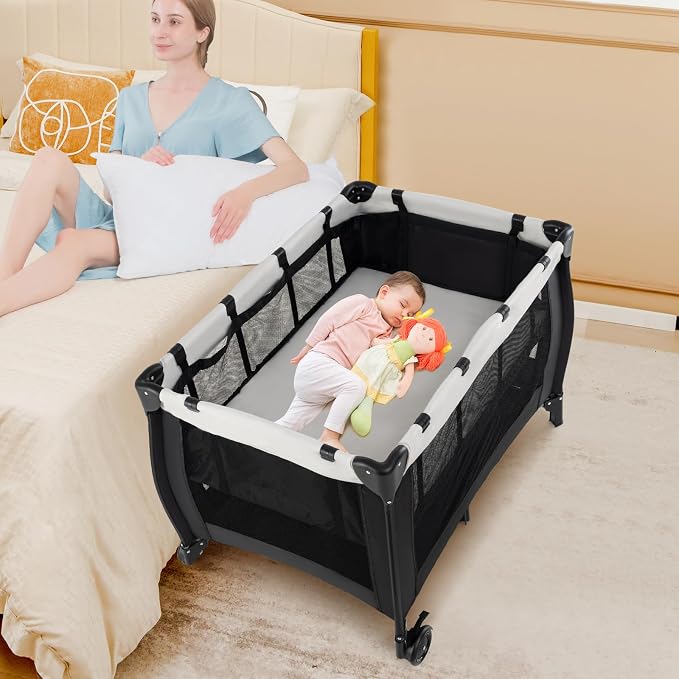 INFANS 3 in 1 Pack and Play, Portable Travel Baby Bassinet with Detachable Mattress, Changing Table, Foldable Playpen with Carry Bag, 2 Wheels (Morden)