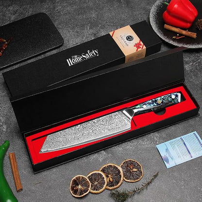 Home Safety Damascus Kiritsuke Knife with Sharp 20cm Blade Made of 67 Layers of VG-10 Damascus Steel Kitchen Knifves Damascus Carving Knife, Abalone Shell Handle, Gift Box