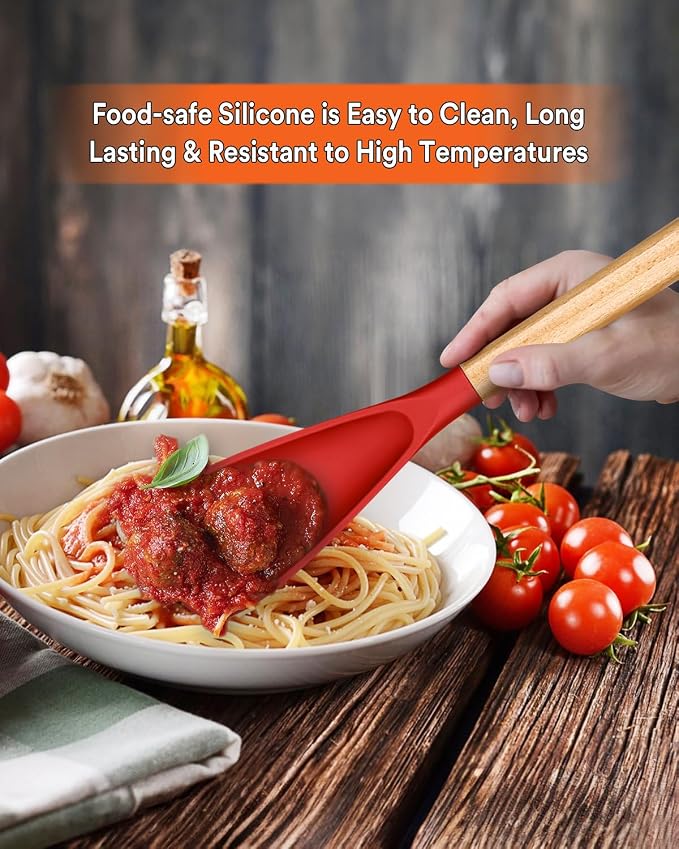 Cooking Spoon for Nonstick Cookwares, Great for Cooking and Serving Sturdy BPA-Free Matte Silicone, Wood Handle Spoon for Mixing, Scoop, and Scrape (RED, 13.4 inch)