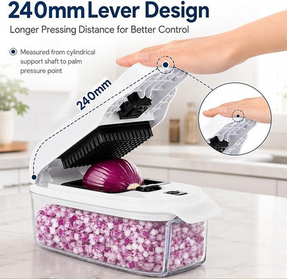 2-in-1 Vegetable Dicer, Onion Chopper with 6.7mm and 13.5mm Dicing Blades, 1.5L Food Prep Container for Salad, Potato, Tomato, Home Kitchen Meal Prep (White & Black)