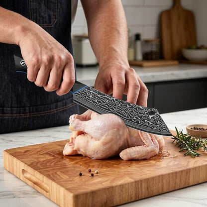 FINTISO Damascus Butcher Knife 8 Inch, Meat Cleaver Knife with 67-Layer Japanese Damascus Steel, Full Tang Ergonomic G10 Handle for Kitchen - Zeus Series