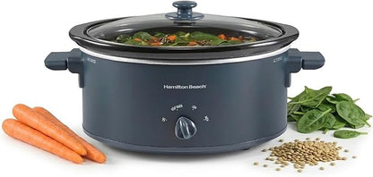 Hamilton Beach 6 Quart Slow Cooker with Space-Saving Folding Handles, 3 Heat Settings, Dishwasher Safe Stoneware Crock and Glass Lid, Kitchen Makeover Blue (33608)