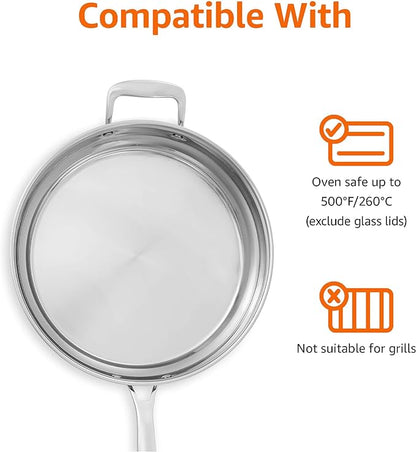 Amazon Basics Stainless Steel Cookware 15-Piece Set, Oven Safe, Induction-Ready, Even Heating, Easy to Clean, Stay-Cool Handles, Pots and Pans, Silver
