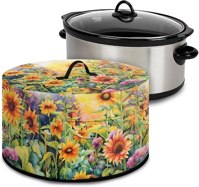Sunflower Field Slow Cooker Dust Cover Compatible with 6-8 qt Crock for Pot Oval Slow Cooker Cover Vibrant Small Kitchen Appliance Green Leaves Decor