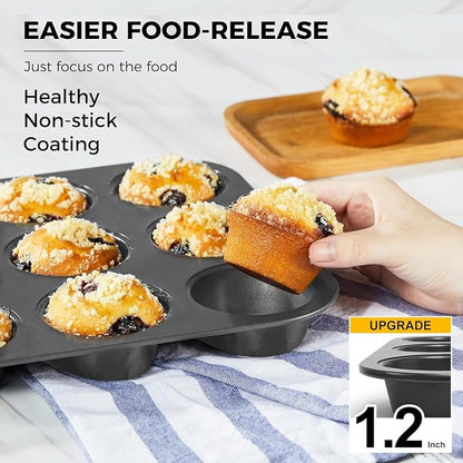 HONGBAKE Non-Stick Muffin Pans, Cupcake Pan with Silicone Baking Cups, 2 Pack Non toxic Healthy Muffin tin, Heavy duty-Dark Grey