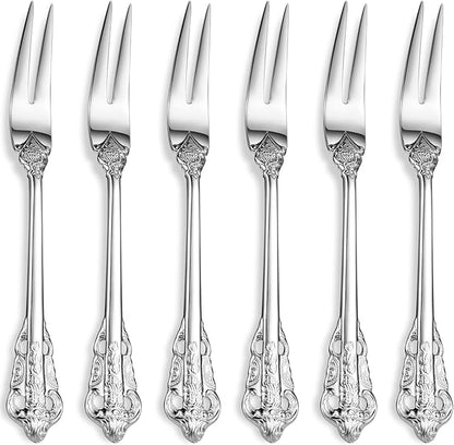 KEAWELL Luxury 6.3" Food Fork/Seafood Forks 18/10 Stainless Steel, Set of 6, Fruit Picks/Cocktail Forks/Charcuterie Accessories/Cocktail Picks for Appetizer, Cocktail, Pastry, Dessert (Silver)
