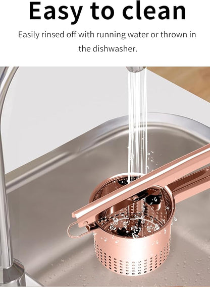 GloTika Large 15oz Potato Ricer Masher, Heavy Duty Stainless Steel Potato Masher with Ergonomic Handle, Masher and Ricer Kitchen Tool for Mashed Potatoes, Noodle Maker, Rose Gold