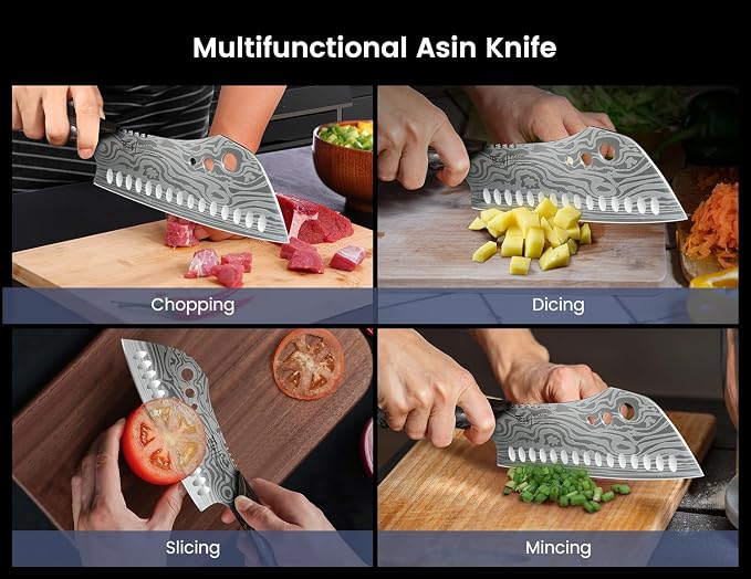 SYOKAMI Cleaver Chef Knife with Herb Stripper, 7" Asian Kitchen Knife 3-in-1 Combined with Chef's Knife, Santoku, Nakiri for Slicing, Chopping, Dicing, Mincing, Housewarming Birthday Cooking Gifts