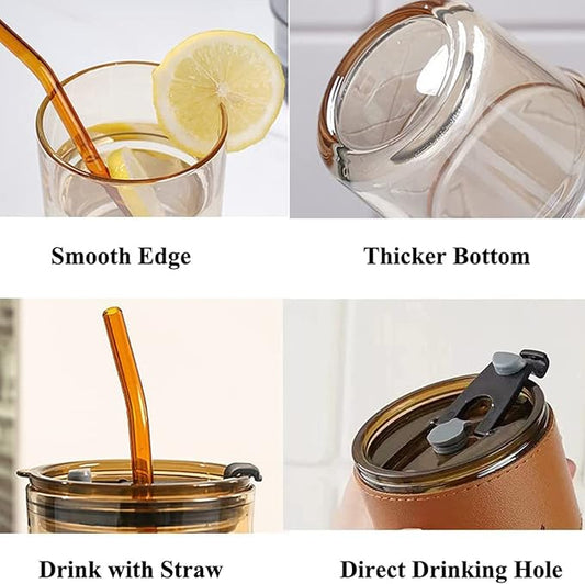 BLUEPOLAR 13 oz Tumbler Water Glass, Water Bottle with Straw and Dustproof Lid, Coffee Ice Cup Double Wall Insulated Glass Cup (Amber-4pack)
