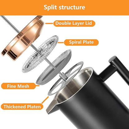 Small French Press Coffee Maker 350ml/12oz, Black Stainless Steel Double-Wall Insulated, Included 2 Extra Filters and 1 Coffee Spoon (1 Cup)