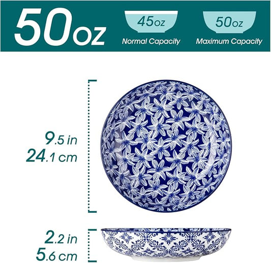 vancasso SELENE 50 oz Large Pasta Bowls Set of 6, Porcelain Serving Bowls, 9.5 Inch Wide Shallow Salad & Soup Bowls, Kitchen Pasta Plates, Microwave and Dishwasher Safe, Blue White Floral Design