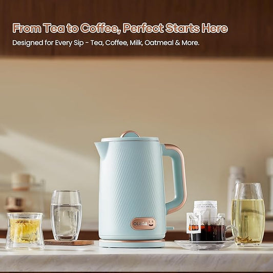OLEGA Electric Kettle: 1200W Fast Boil Electric Water Kettles, 1.5L Double Wall Stainless Steel Tea Kettle, Auto Shut-Off, BPA-Free Hot Water Boiler Teapot for Coffee & Tea -Light Blue