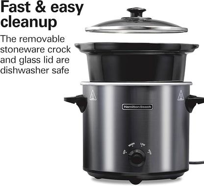 Hamilton Beach 4-Quart Slow Cooker with 3 Cooking Settings, Dishwasher-Safe Stoneware Crock & Glass Lid, Brushed Gray(33240)