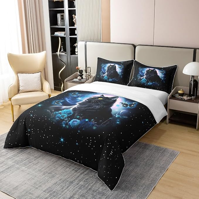 Castle Fairy Mysterious Cat 100% Natural Cotton Duvet Cover Queen Size Blue Flower Butterfly Comforter Cover with 2 Pillowcases Fantasy Galaxy Starry Sky Bedding Set 3 Pcs Bed Cover(No Filler)