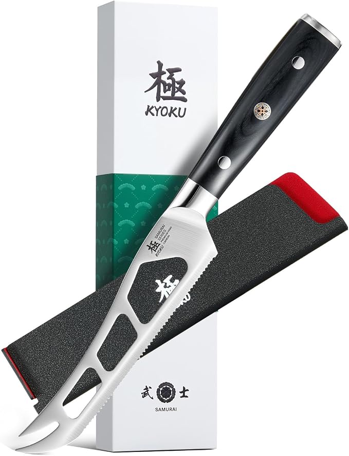 KYOKU 5 in. Serrated Cheese Knife, Samurai Series Cheese Slicer with Hollow Blade Pakkawood Handle, German 1.4116 Stainless Steel Full Tang Knife for Hard Cheese with Protective Sheath & Gift Box