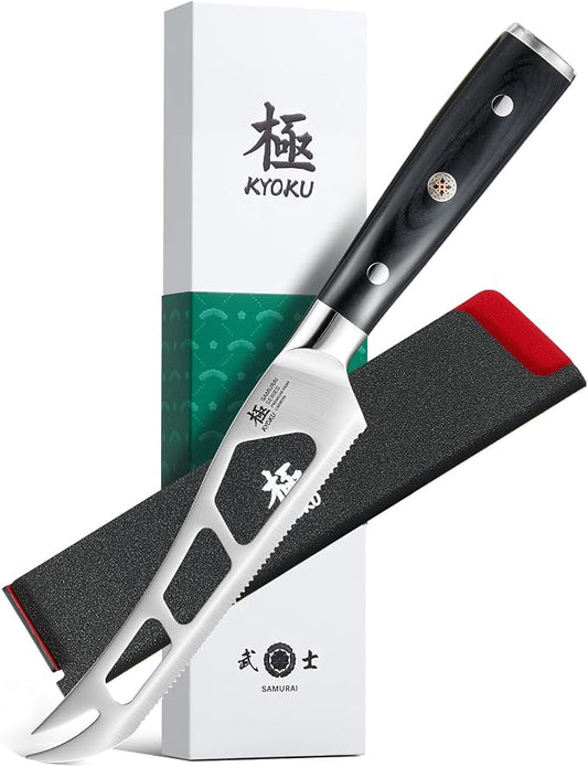 KYOKU 5 in. Serrated Cheese Knife, Samurai Series Cheese Slicer with Hollow Blade Pakkawood Handle, German 1.4116 Stainless Steel Full Tang Knife for Hard Cheese with Protective Sheath & Gift Box