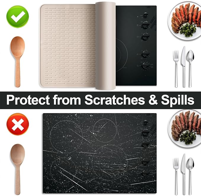 Stove Top Cover for Electric Stove- Range Covers for Electric Stove,Silicone XXL Dish Drying Mat, Glass Cooktop Covers, Flat RV Range top Mats (Taupe Thickened, 30"x21")