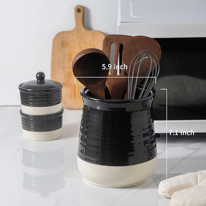 HASENSE Ceramic Utensil Holder for Countertop, 7.1" Large Kitchen Utensil Caddy for Kitchen Organizer, Glossy Black Cooking Utensil Holder to Hold Spatulas, Utensil Crock for Farmhouse Decor