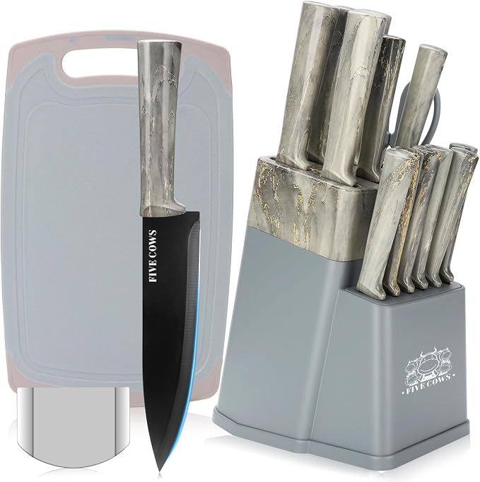 16-Piece Kitchen Knife Block Set with Cutting Board - German Stainless Steel Knives, Built-In Sharpener, Dishwasher Safe, Anti-Slip Handle - All-in-One Cutlery Set for Home/Kitchen (Blue)