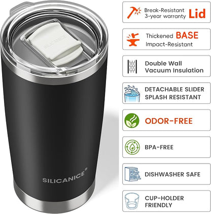 Coffee Tumbler 20 oz, Double Wall Stainless Steel Travel Coffee Mug with Removable Slider Lid, BPA Free, Car Cup Holder Compatible - Gym/Office/Travel/Home - Black
