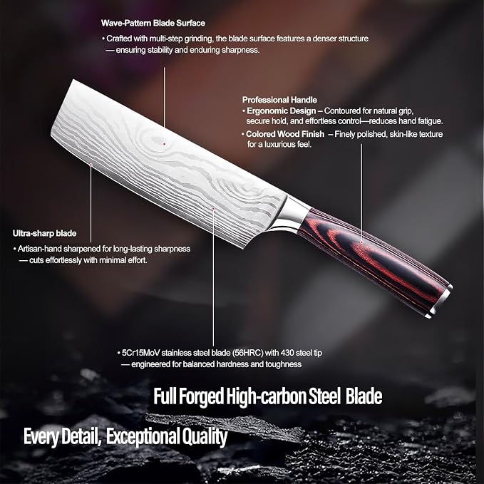 Nakiri Kitchen Knife 7" - Super Sharp Vegetable Knife, High Carbon Stainless Steel Meat & Veggie Cleaver with Gift Box, Ergonomic Non-slip Handle, Ideal Housewarming Gift