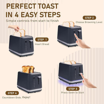 Stainless Steel Toaster 2 Slices, Toasters Wide Slot, Bread Toaster with Cancel, Reheat, Defrost Function, Bagel Toasters with Removable Tray & 6 Temperature Settings, LED Display, Grey