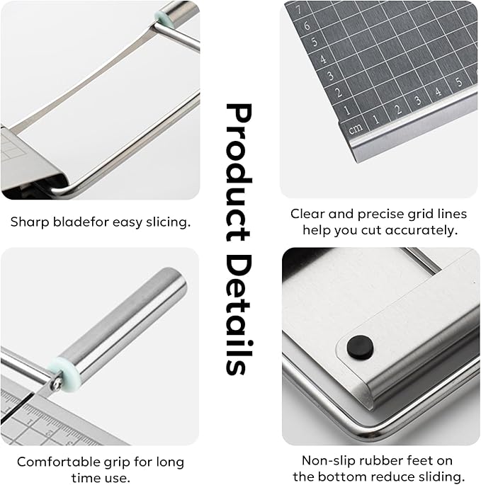 Multipurpose Stainless Steel Cheese Cutter, Bread Slicers with Precision Grid Scale and Anti Slip Base for Block Cheese, Butter, Bread, Sausages, Fruits, Kitchen Gadget Cheese Cutting Board