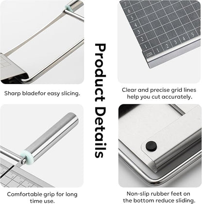 Multipurpose Stainless Steel Cheese Cutter, Bread Slicers with Precision Grid Scale and Anti Slip Base for Block Cheese, Butter, Bread, Sausages, Fruits, Kitchen Gadget Cheese Cutting Board
