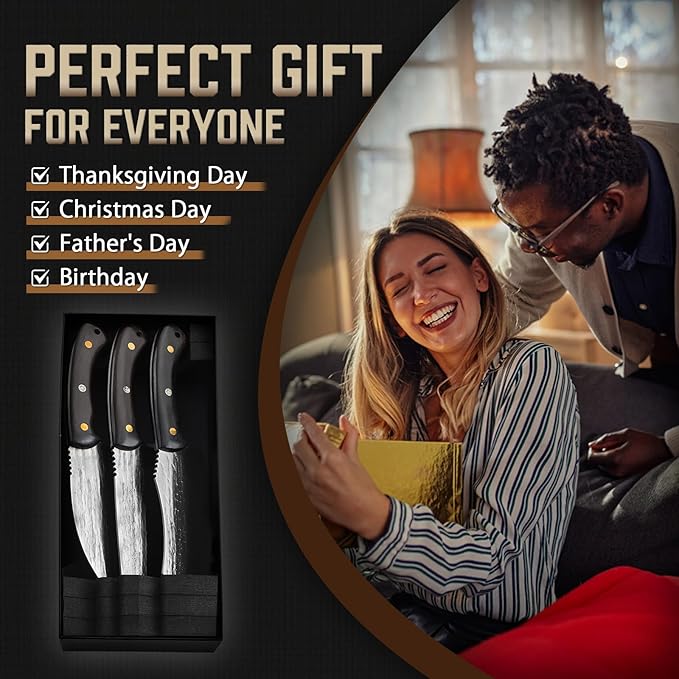 Huusk Serbian Chef Knife Set - 3PCS Hand Forged Butcher Knife Set - Meat Cleaver, Nakiri, Grill Knives with Full Tang Wooden Handle, Gifts for Men and Women