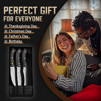 Huusk Serbian Chef Knife Set - 3PCS Hand Forged Butcher Knife Set - Meat Cleaver, Nakiri, Grill Knives with Full Tang Wooden Handle, Gifts for Men and Women