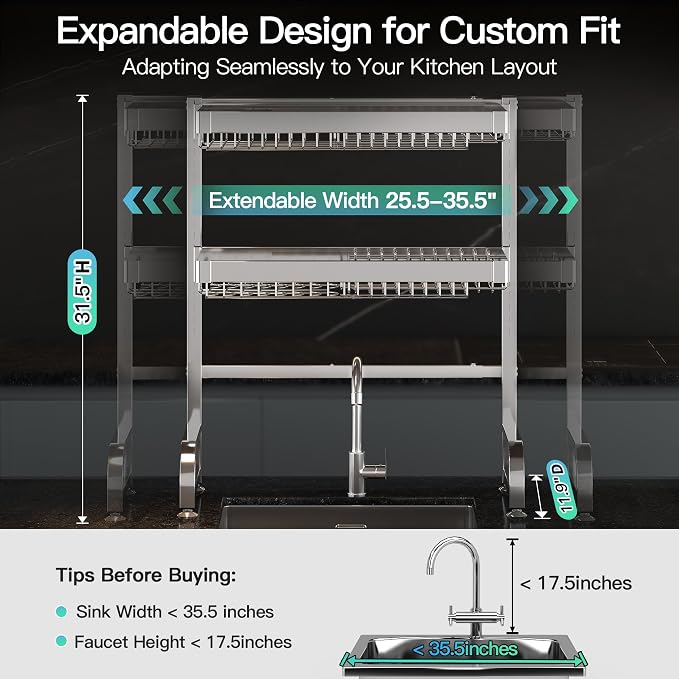 MAJALiS 3 Tier Extra Large Stainless Steel Expandable Over The Sink Dish Drainer Drying Rack, Rust Proof Metal, Space Saving, Modern Silver Big Capacity Extendable Plate Strainers Kitchen Counter