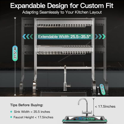 MAJALiS 3 Tier Extra Large Stainless Steel Expandable Over The Sink Dish Drainer Drying Rack, Rust Proof Metal, Space Saving, Modern Silver Big Capacity Extendable Plate Strainers Kitchen Counter