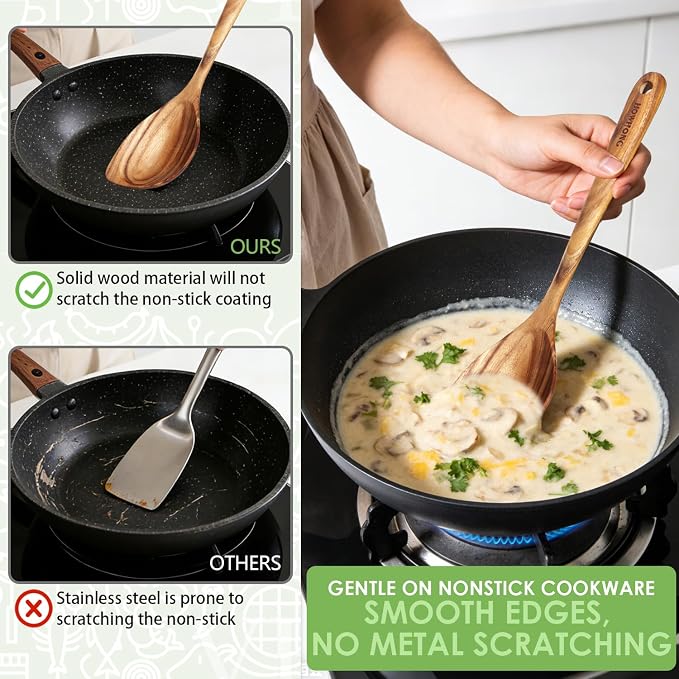 HOWHONG Corner Spoon Wooden Cooking Utensil, Long Handle Acacia Wood Spoon for Cooking, Large Head for Pan Edges, Smooth Finish, Nonstick Cookware Safe, Bare Wood Feel for Daily Kitchen Use