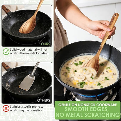 HOWHONG Corner Spoon Wooden Cooking Utensil, Long Handle Acacia Wood Spoon for Cooking, Large Head for Pan Edges, Smooth Finish, Nonstick Cookware Safe, Bare Wood Feel for Daily Kitchen Use