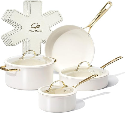 Chef Power Ceramic Cookware Sets, 10Pcs Pots and Pans Set Non Stick, Cookware Set with Stainless Steel Handle, Dishwasher & Oven Safe, Cream White and Light Gold Handle