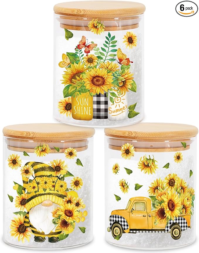 JarThenaAMCS 3Pcs Sunflower Glass Storage Jars with Airtight Lid Watercolor Floral Gnome Truck Candy Cookie Canisters Sets for Spring Summer Home Kitchen Countertop Decorations
