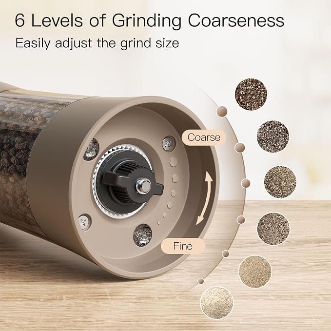 Ultrean Pepper Grinder, Electric Salt and Pepper Grinder Shaker with USB-C Rechargeable, 6 Adjustable Coarseness, LED Light, Larger Capacity Pepper Mill, Kitchen Gadget & Housewarming Gift, Brown
