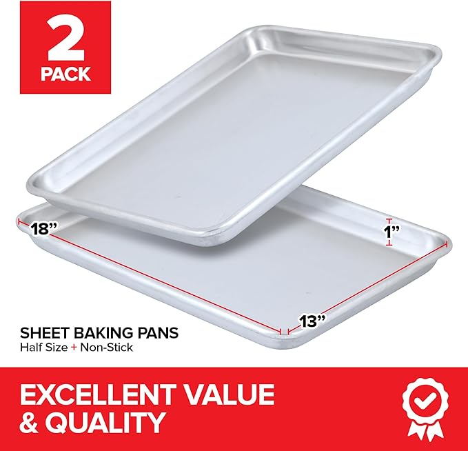 13x18 Aluminum Baking Sheet Pan (2 Pack), Commercial Half Size Rimmed Baking Pans for Oven, Freezer, & Bun Racks, Heavy Duty Baking Sheet Cake Pan, Extra Large Cookie Sheets for Baking & Cooking
