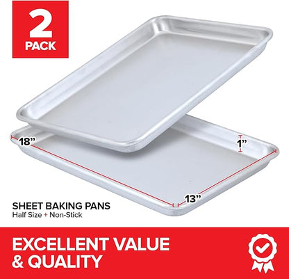 13x18 Aluminum Baking Sheet Pan (2 Pack), Commercial Half Size Rimmed Baking Pans for Oven, Freezer, & Bun Racks, Heavy Duty Baking Sheet Cake Pan, Extra Large Cookie Sheets for Baking & Cooking