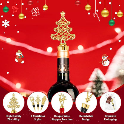 12Pcs Christmas Wine Bottle Stoppers Set Xmas Tree Santa Claus Deer Wine Bottle Corkers Christmas Party Favors with Card and Ropes, for Winter Decor Holiday Supplies Wine Accessories Gift for Hostess